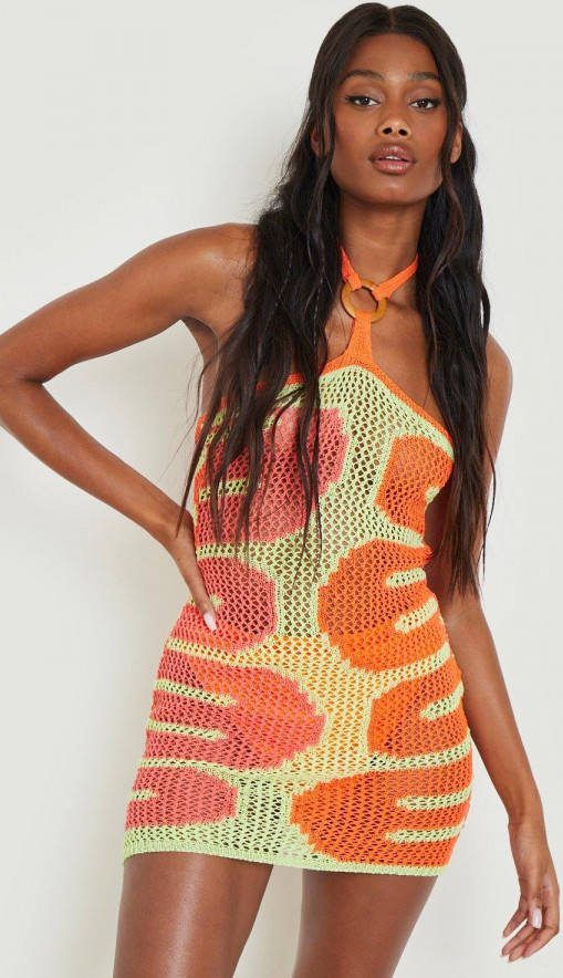boohoo Gehaakte Halter Strand Jurk Met Vierkante Ring, Orange