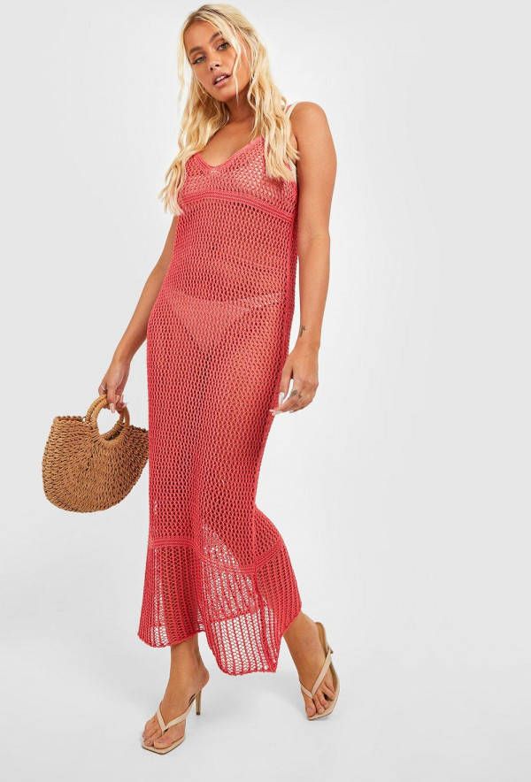 boohoo Gehaakte Maxi Strand Jurk Met Bandjes, Red