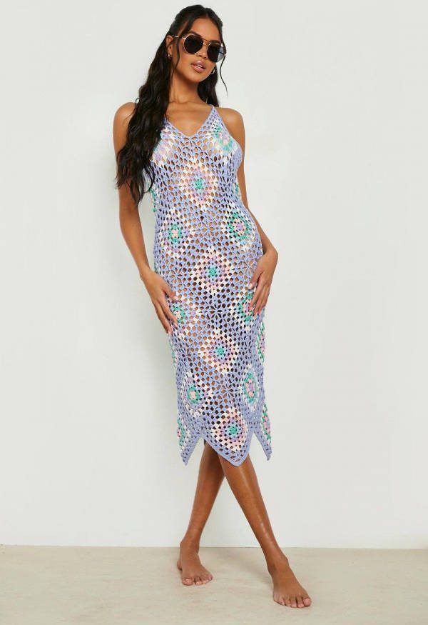 boohoo Gehaakte Premium Maxi Jurk Met Halter Neck, Blue