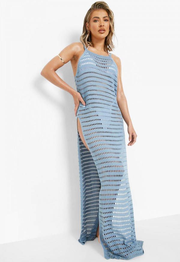 boohoo Gehaakte Strand Maxi Jurk Met Zijsplit, Ice Blue