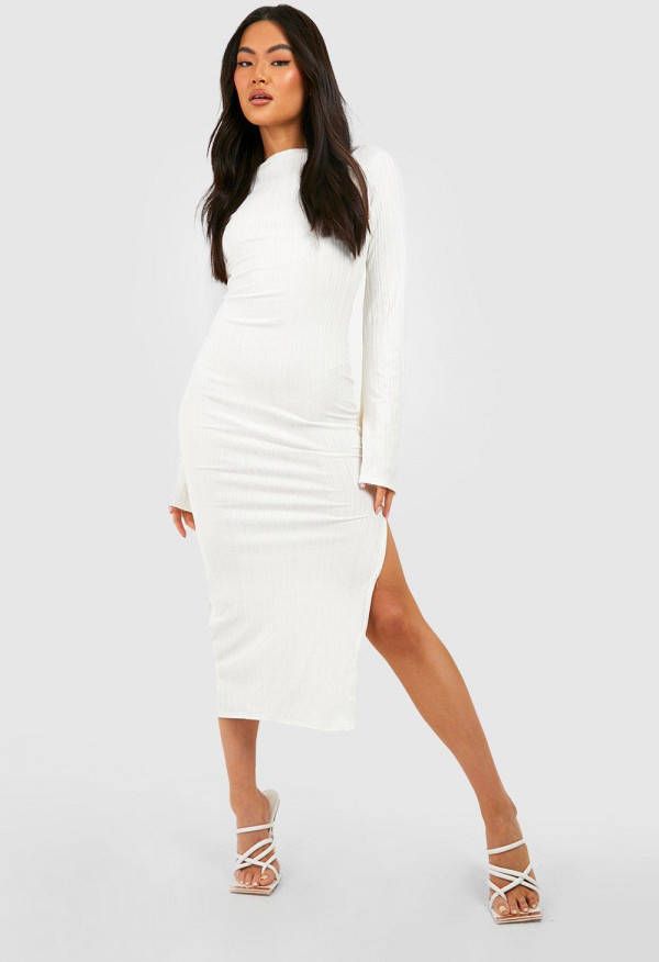 boohoo Gekreukelde Geribbelde Midaxi Jurk Met Wijde Mouwen, Stone