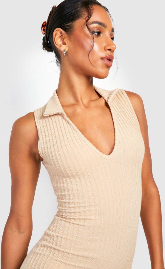 boohoo Gekreukelde Geribbelde Midi Jurk Met Kraag En Split, Stone