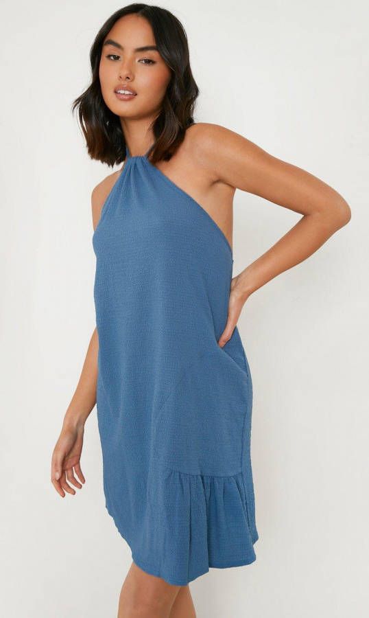boohoo Gekreukelde Loshangende Skinny Fit Halter Jurk Met Geplooide Zoom, Teal