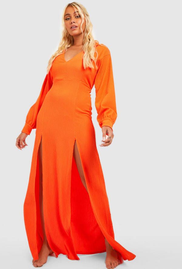 boohoo Gekreukelde Maxi Strand Blouse Jurk Met Split, Red Orange