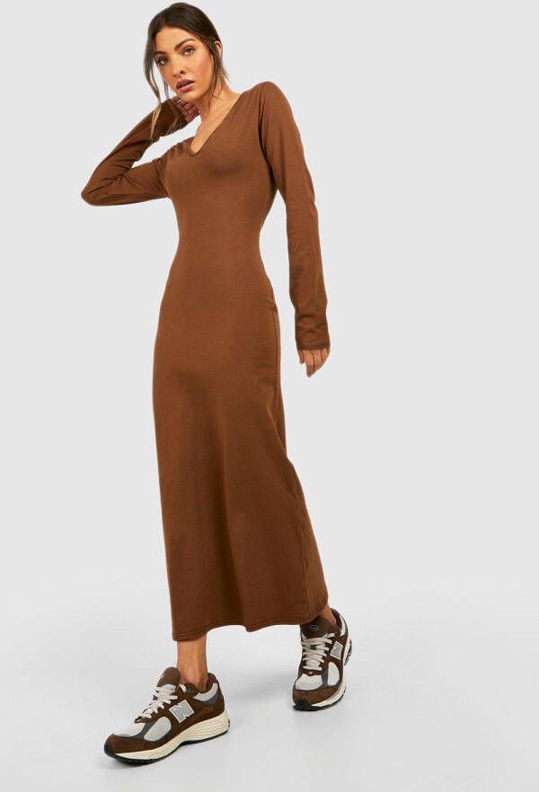boohoo Gemengd Katoenen Midaxi Jurk Met Lange Mouwen, Chocolate