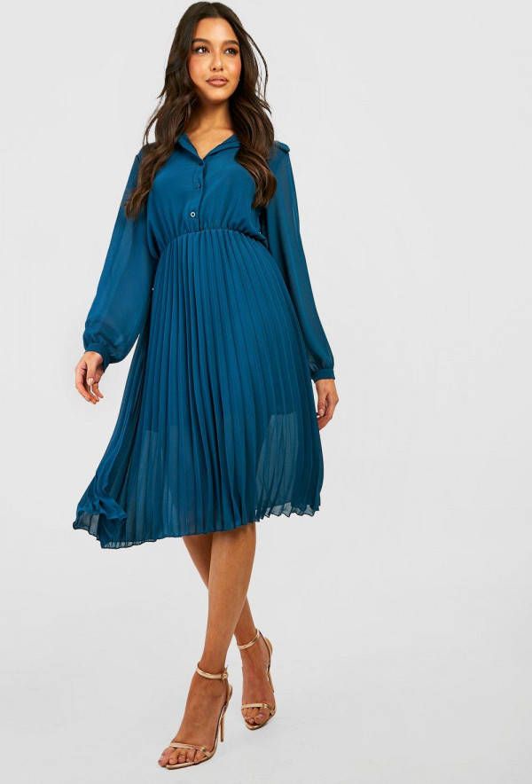 boohoo Geplooide Chiffon Midi Blouse Jurk, Teal