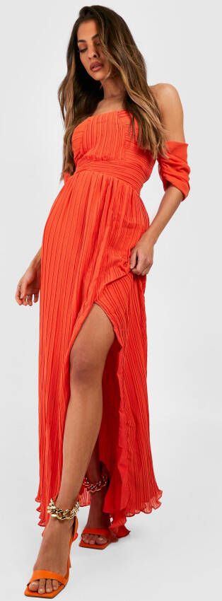 boohoo Geplooide Chiffon Off Shoulder Maxi Jurk, Orange