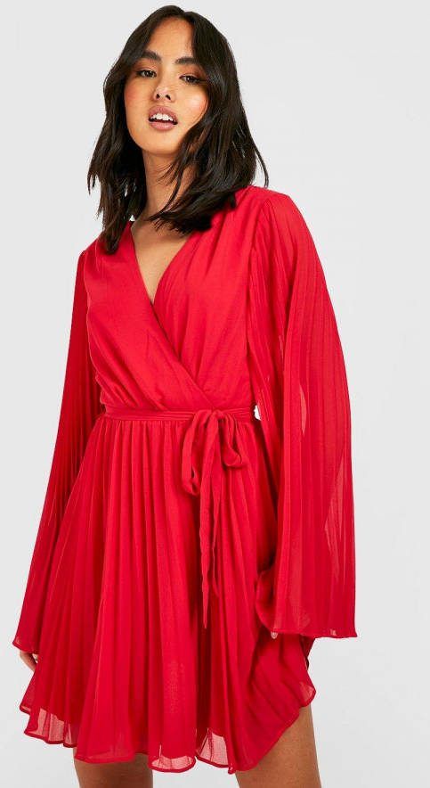boohoo Geplooide Chiffon Wikkel Skater Jurk, Red