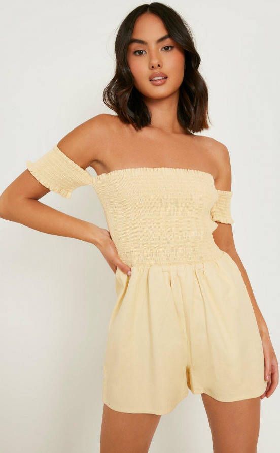boohoo Geplooide Denim Off Shoulder Romper, Lemon