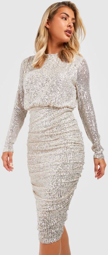 boohoo Geplooide Gedrapeerde Glitter Midi Jurk Met Pailletten, Champagne