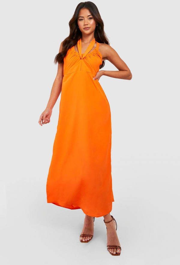 boohoo Geplooide Geweven Halter Midi Jurk, Orange