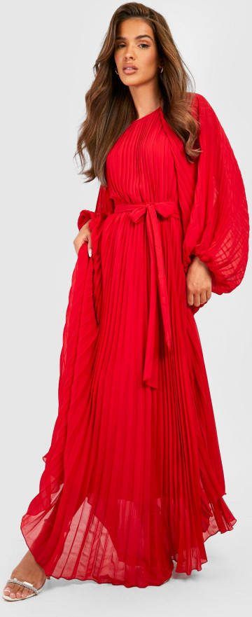 boohoo Geplooide Maxi Jurk Met Lange Mouwen, Red