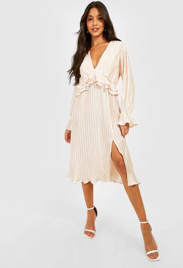 boohoo Geplooide Midi Jurk Met Laag Decolleté, En Ruches, Champagne