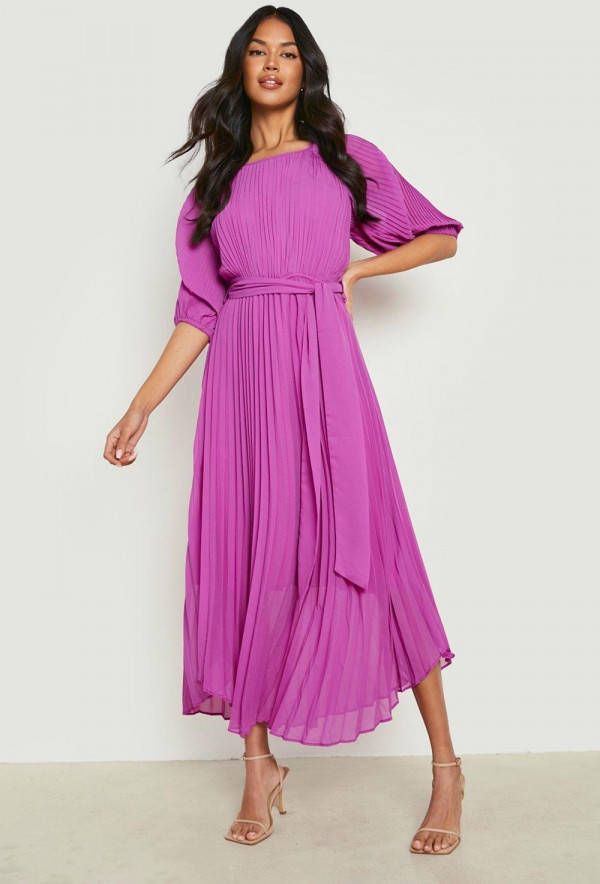 boohoo Geplooide Midi Jurk Met Pofmouwen, Jewel Purple