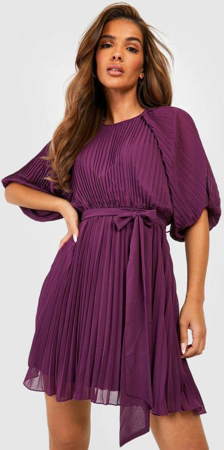 boohoo Geplooide Mini Jurk Met Pofmouwen, Purple