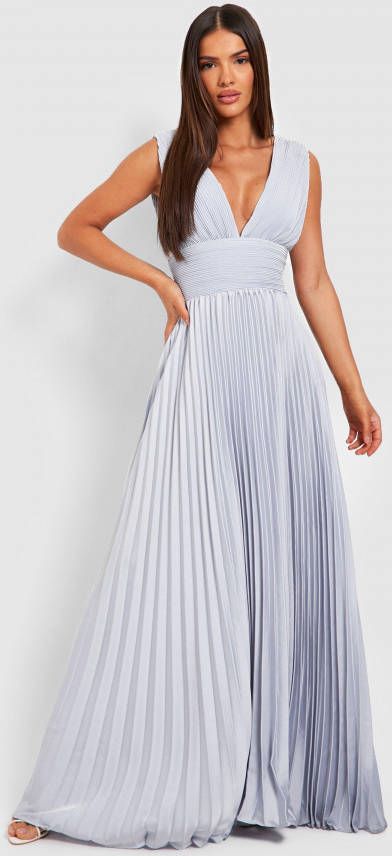 boohoo Geplooide Occassion Maxi Jurk Met Laag Decolleté,, Silver Grey