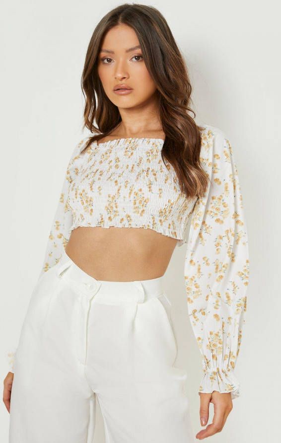 boohoo Geplooide Off Shoulder Bloemen Top Met Lange Mouwen, Yellow