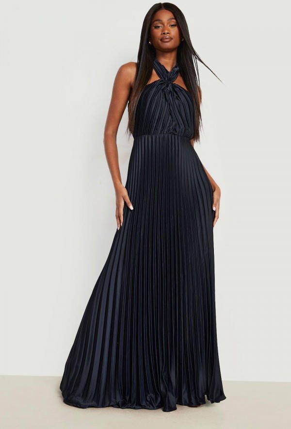 boohoo Geplooide Satijnen Halter Maxi Jurk, Navy