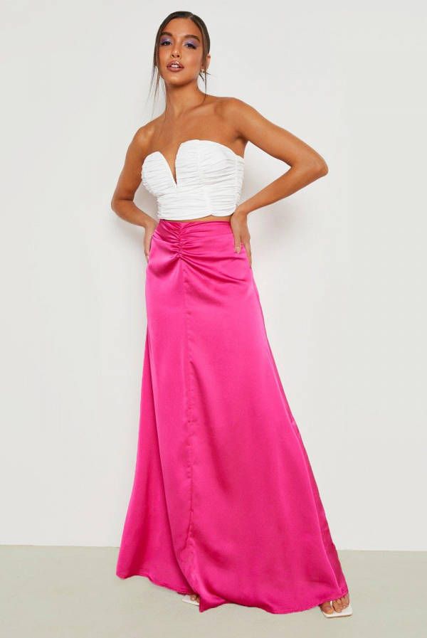 boohoo Geplooide Satijnen Maxi Rok, Hot Pink