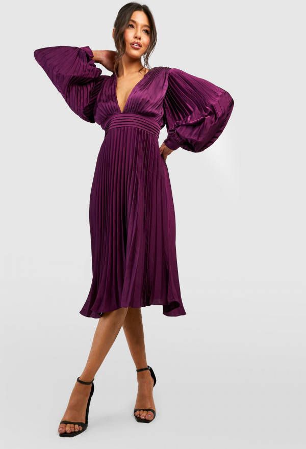 boohoo Geplooide Satijnen Midi Jurk, Jewel Purple