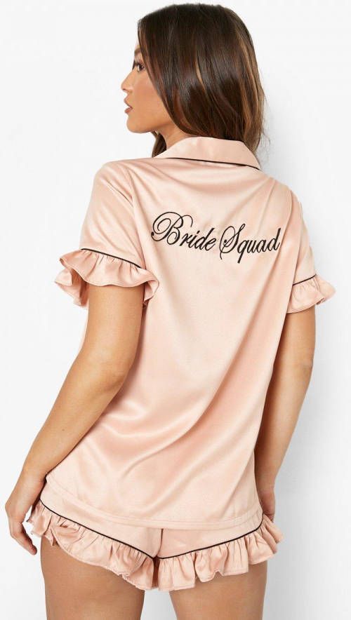 boohoo Gerecyclede Geborduurde Premium Bride Squad Set Met Shorts En Franjes, Rose Gold