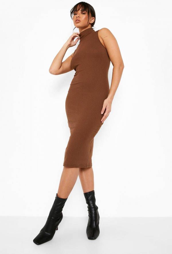 boohoo Gerecyclede Geribbelde Midi Jurk Met Col, Chocolate