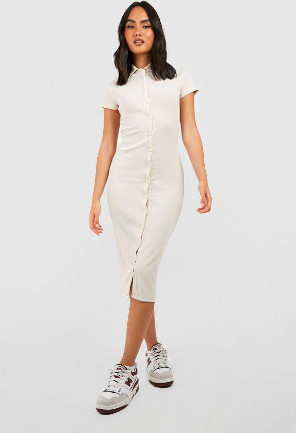 boohoo Gerecyclede Geribbelde Midi Jurk Met Knopen, Stone