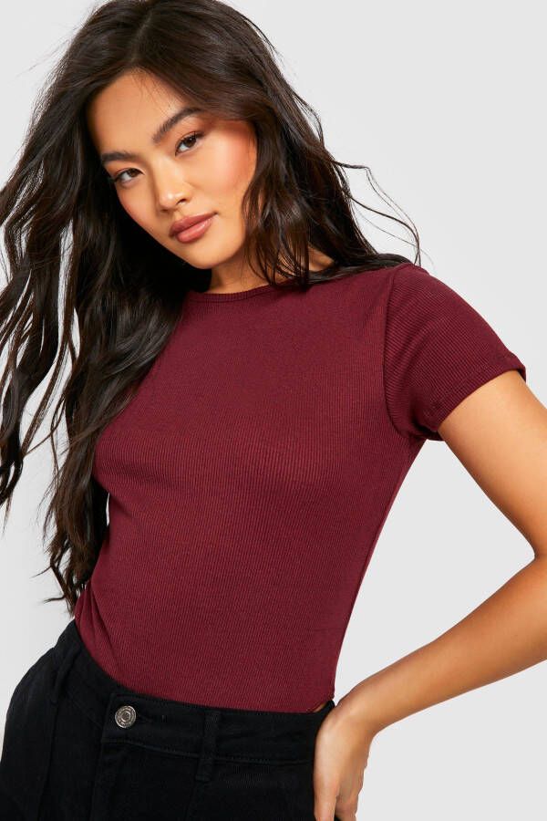 boohoo Geribbeld One Piece Met Korte Mouwen, Burgundy