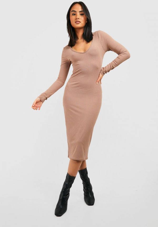 boohoo Geribbelde Basic Midi Jurk Met V Hals, Mocha