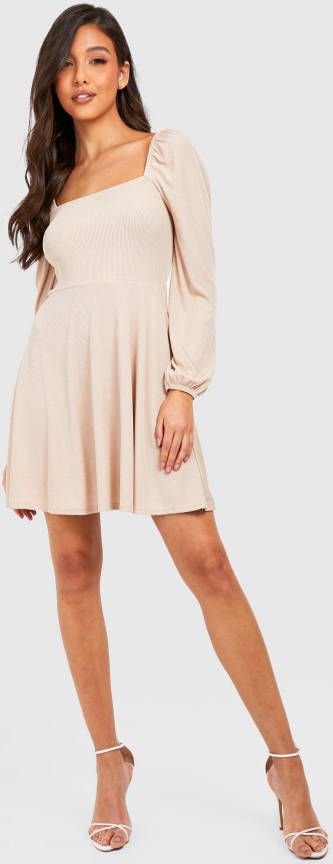 boohoo Geribbelde Basic Skater Jurk Met Vierkante Hals, Stone
