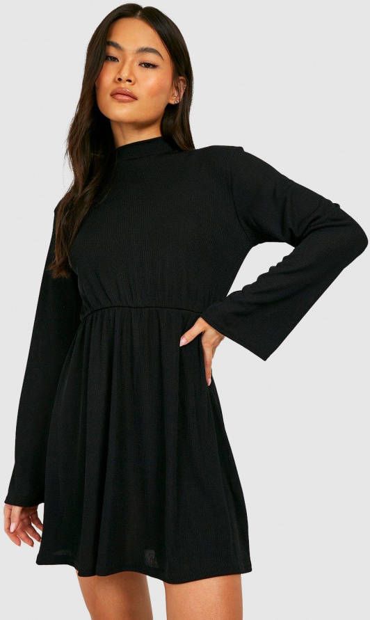 boohoo Geribbelde Basic Skater Jurk Met Wijde Mouwen, Black