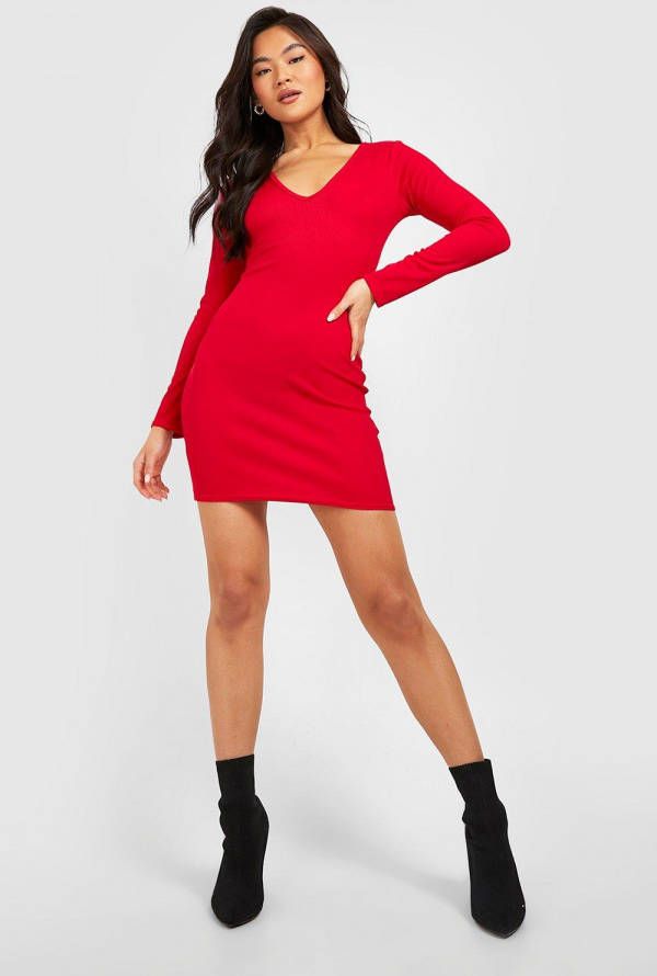 boohoo Geribbelde Bodycon Jurk Met Laag Decolleté,, Red