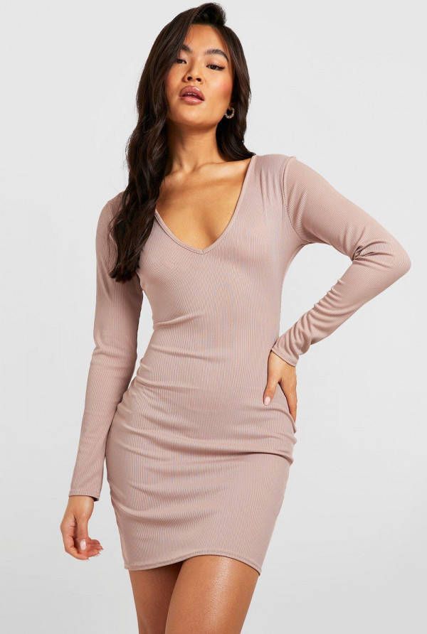 boohoo Geribbelde Bodycon Jurk Met Laag Decollet&#xE9,, Stone