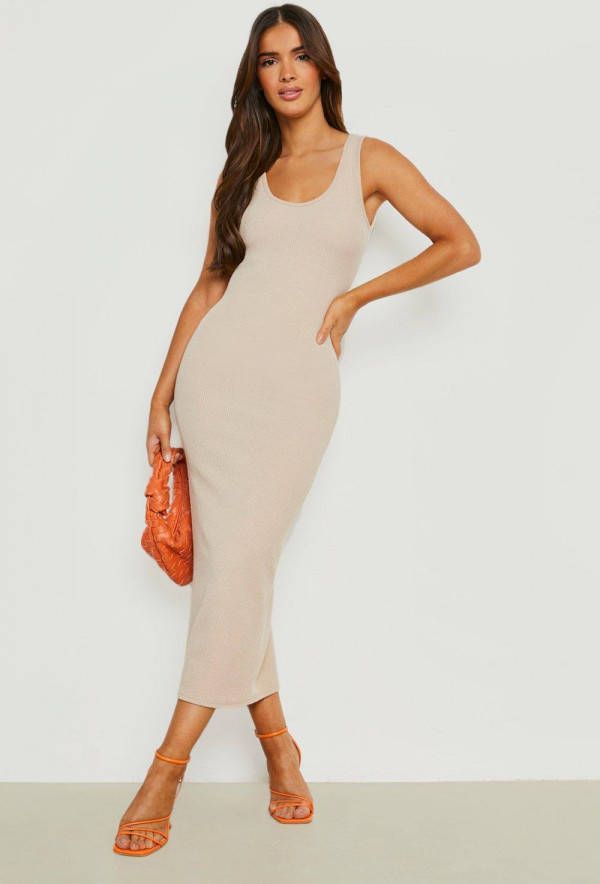 boohoo Geribbelde Bodycon Midaxi Jurk Met Lage Ronde Hals, Stone