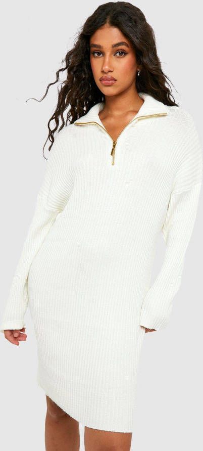 boohoo Geribbelde Gebreide Jurk Met Korte Rits En Kraag, Ecru