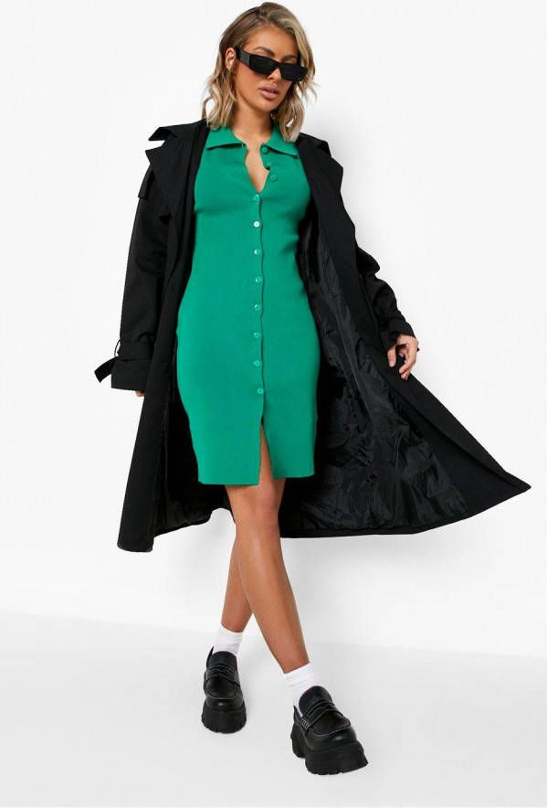 boohoo Geribbelde Gebreide Jurk Met Polo Kraag, Green