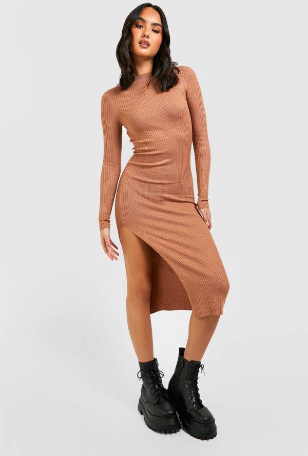 boohoo Geribbelde Gebreide Midi Jurk Met Col, Camel