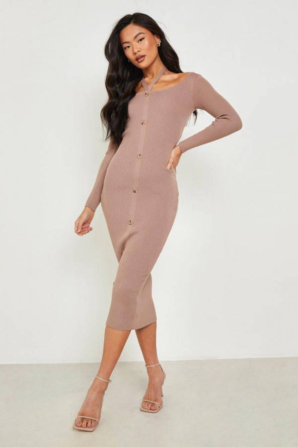boohoo Geribbelde Gebreide Premium Midi Halter Jurk Met Bandjes, Mocha