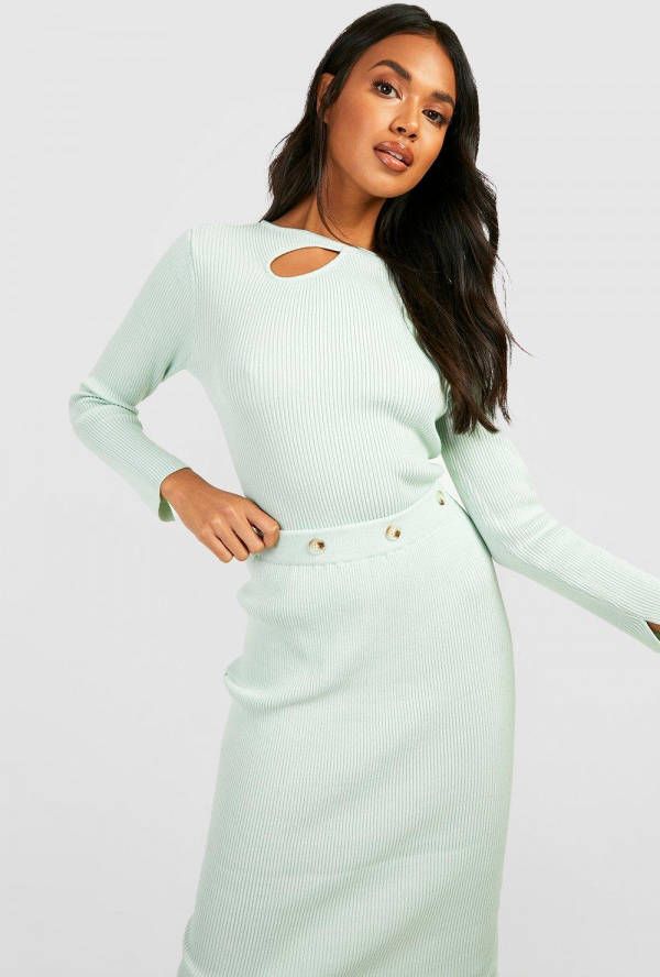 boohoo Geribbelde Gebreide Premium Set Met Midaxi Jurk En Knopen, Sage Silver