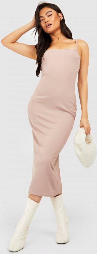boohoo Geribbelde Midaxi Jurk Met Bandjes, Stone