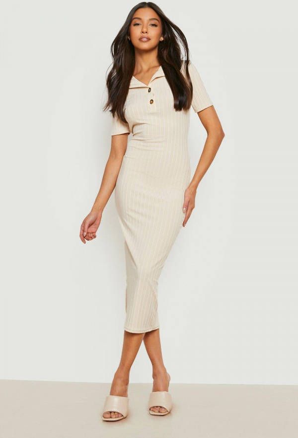 boohoo Geribbelde Midaxi Jurk Met Knopen Kraag, Stone