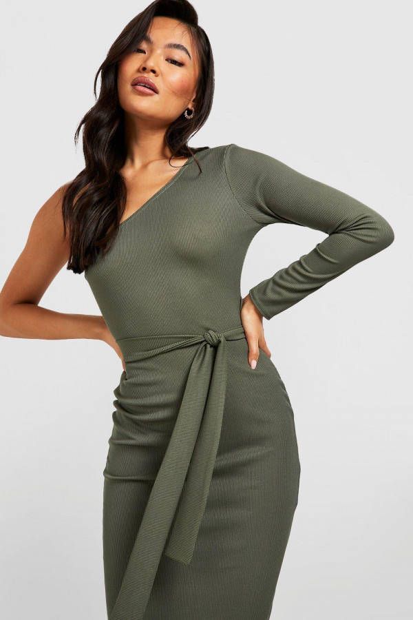boohoo Geribbelde Midi Jurk Met Eé, n Open Schouder En Ceintuur, Khaki