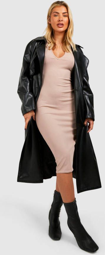 boohoo Geribbelde Midi Jurk Met Hals Inkeping, Stone