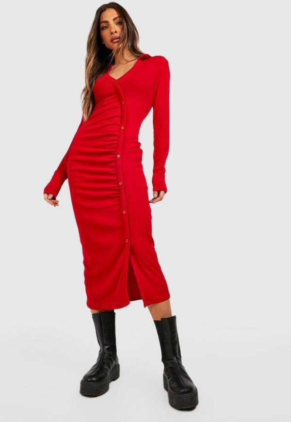 boohoo Geribbelde Midi Jurk Met Knopen, Red