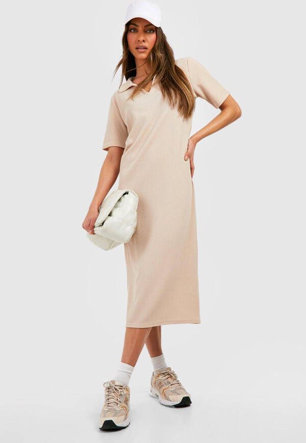 boohoo Geribbelde Midi Jurk Met Kraag, Stone