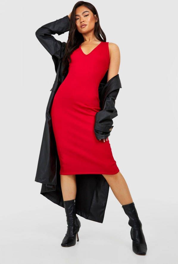 boohoo Geribbelde Midi Jurk Met Laag Decolleté,, Red
