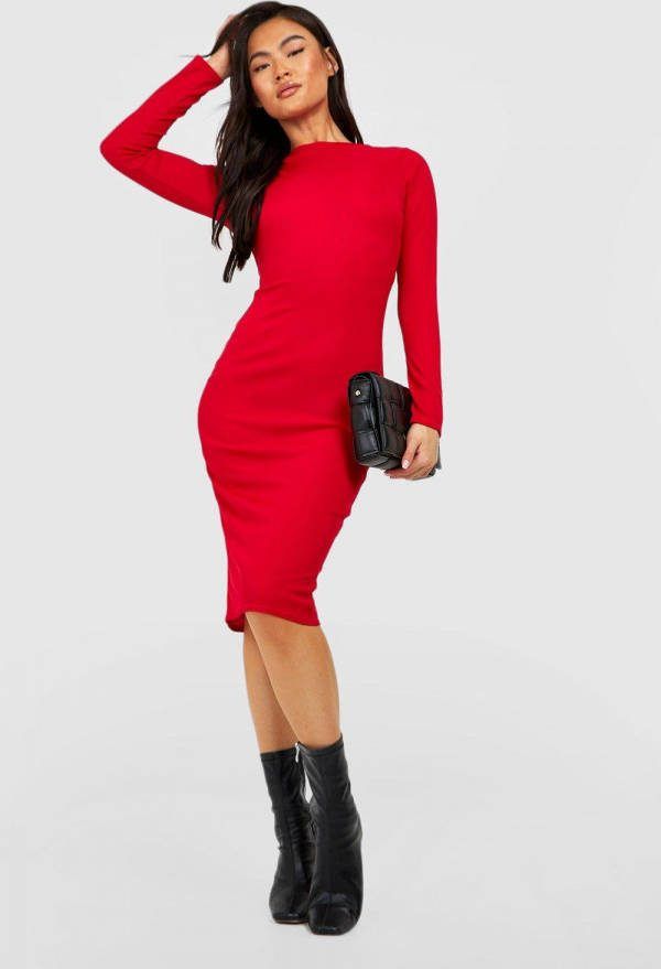 boohoo Geribbelde Midi Jurk Met Lage Ronde Rug, Red