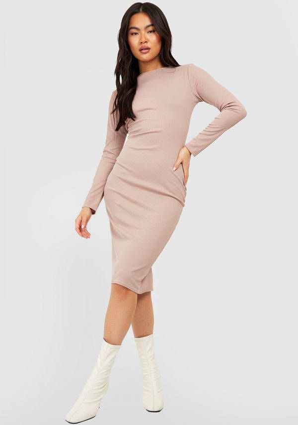 boohoo Geribbelde Midi Jurk Met Lage Ronde Rug, Stone
