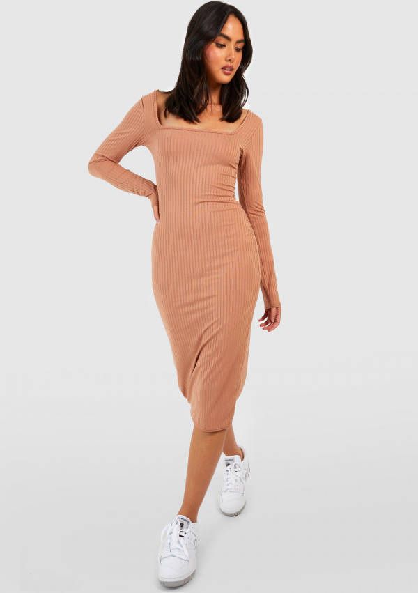 boohoo Geribbelde Midi Jurk Met Lange Mouwen, Tan