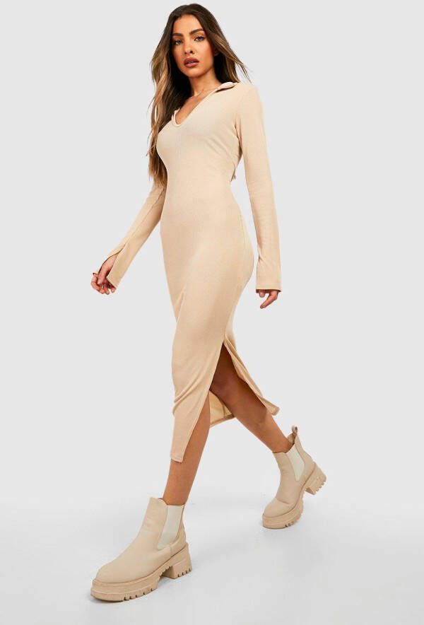 boohoo Geribbelde Midi Jurk Met Polo Kraag, Stone